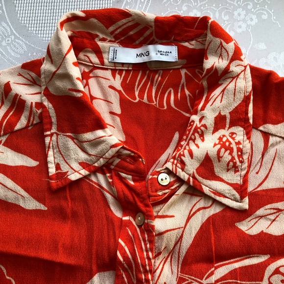 MNG Mango Orange/Cream Oversized Flowy Tropical Printed Shirt Women’s Size 4 Top - Picture 14 of 16